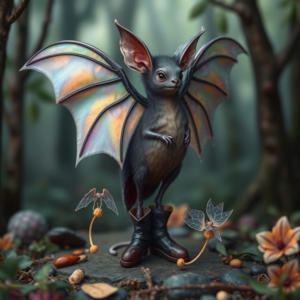 Whimsical Bat with Wings on Feet in Forest