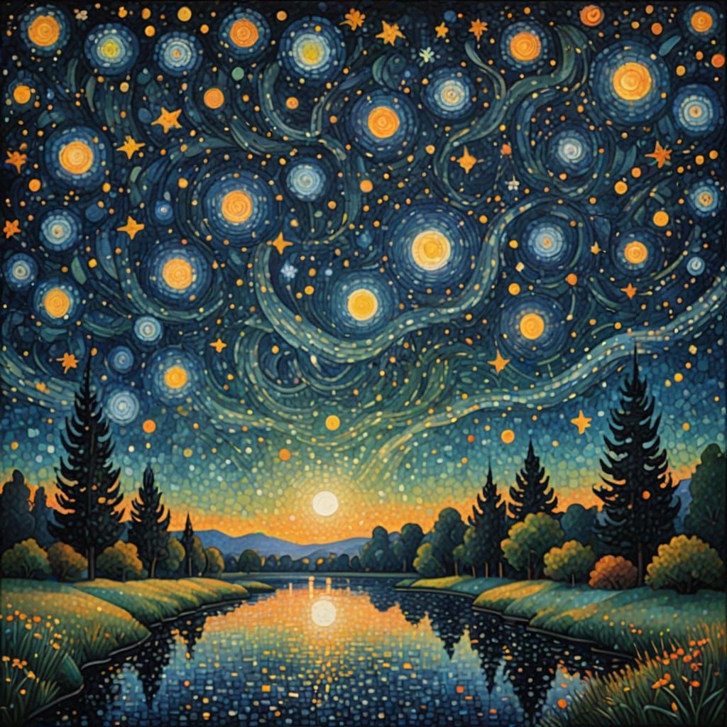 Starry Night Sky in Pointillist Style