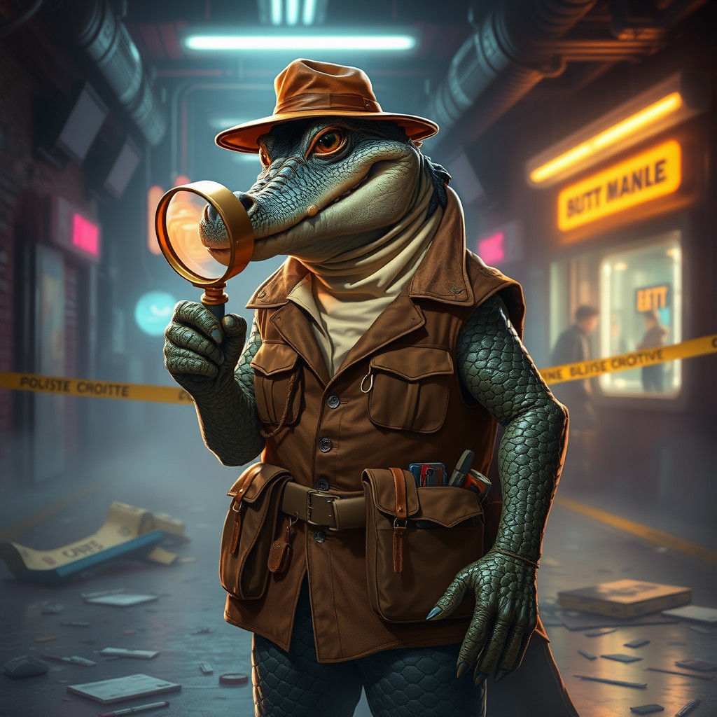 Alligator Detective at Crime Scene in Cyberpunk Style