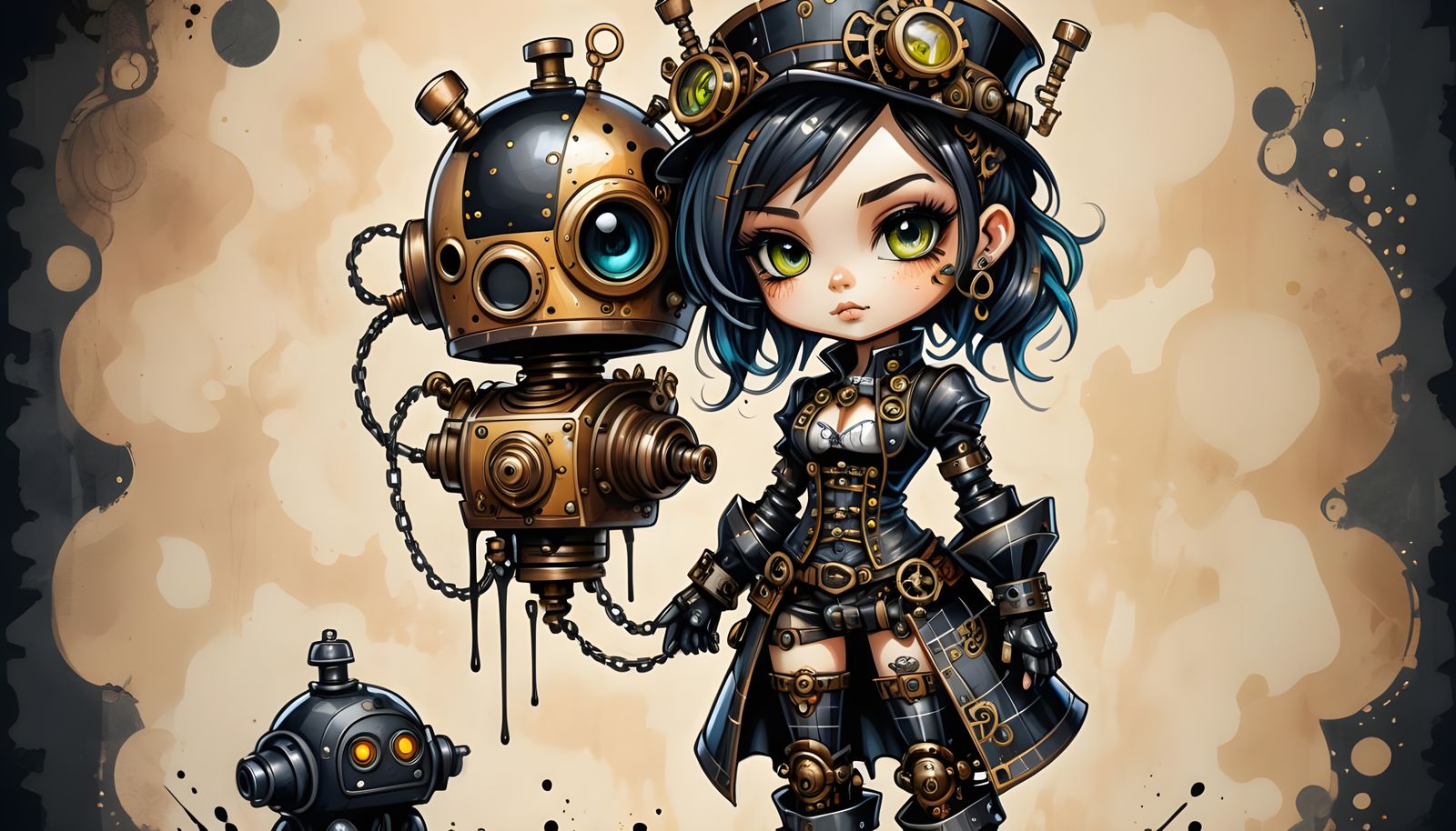 Steampunk Chibi with Robot, Ink Outline Portrait