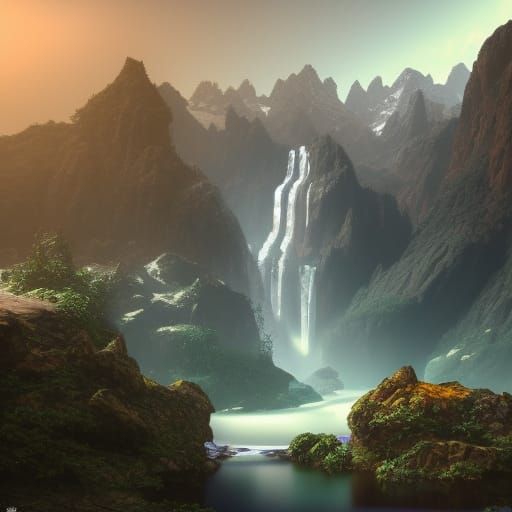 Fantastical Waterfall and Mountains in Detailed Matte Painti...