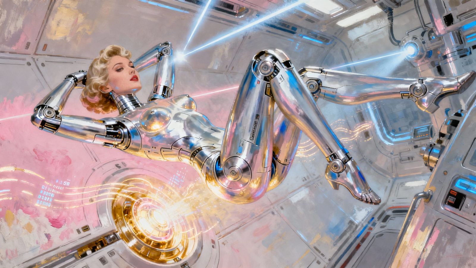 Sensual Gynoid in Zero-Gravity Maintenance Bay