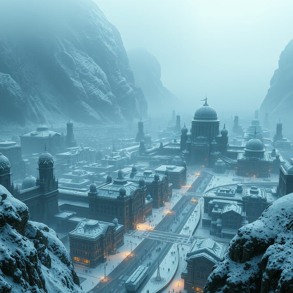 Futuristic Metropolis on Hidden Continent in Snowy Climate