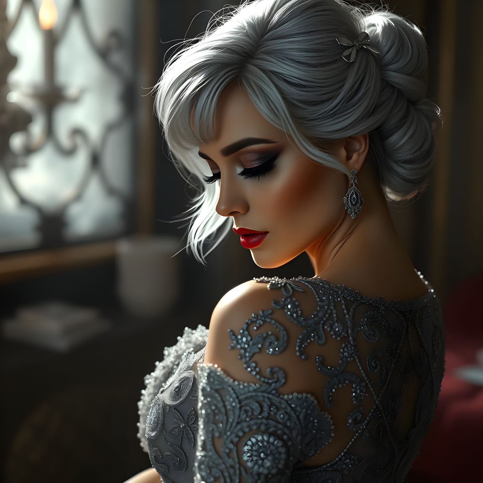 Elegant Woman in Opulent Evening Gown, Smoldering with Sensu...