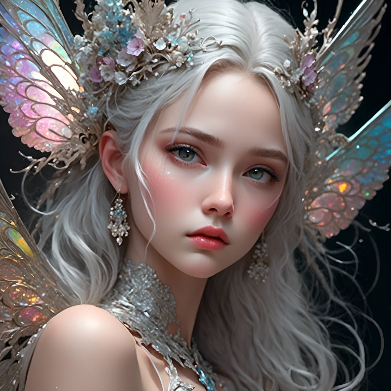 Iridescent Fairy with Silver Outlines in Maximalist Style