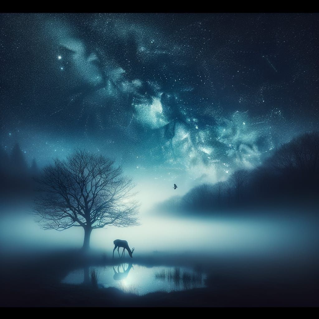 Peaceful Nighttime Landscape with Stars and Owl
