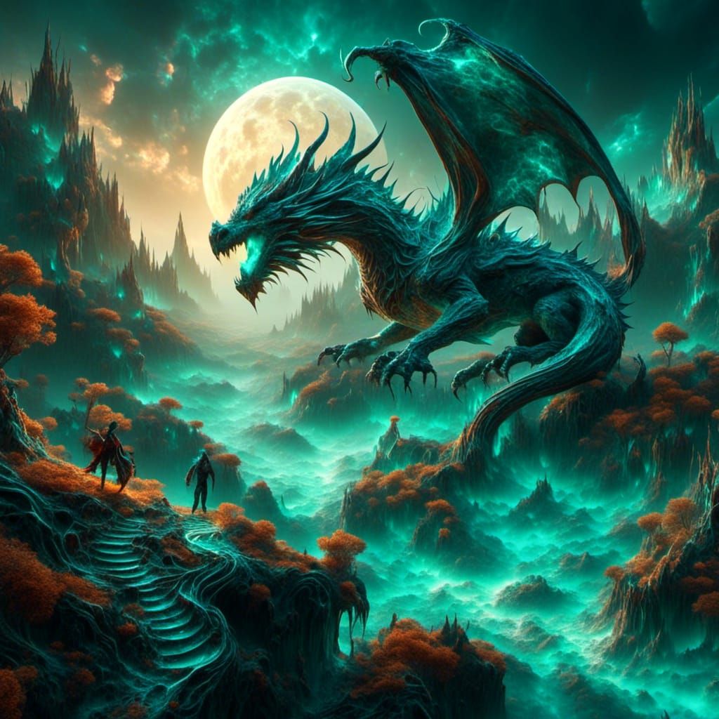Turquoise Dragon on Hill Under Full Moon