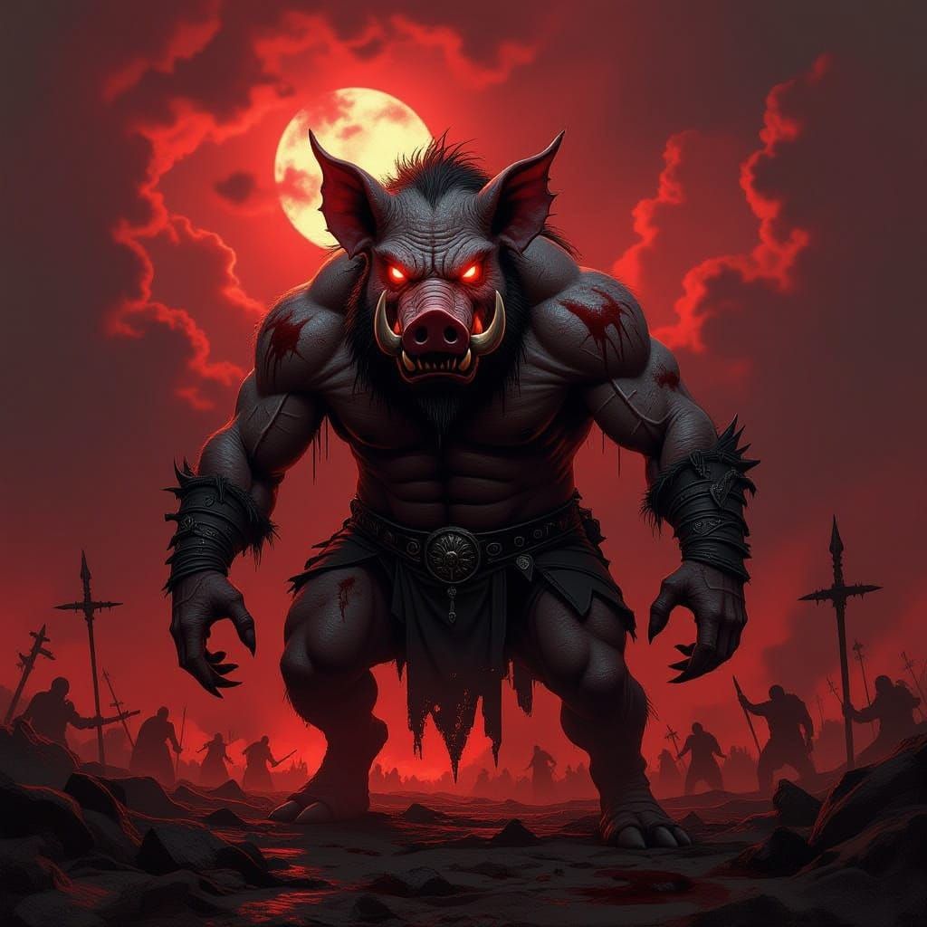 Terrifying Demon Pigman on Blood-Soaked Battlefield