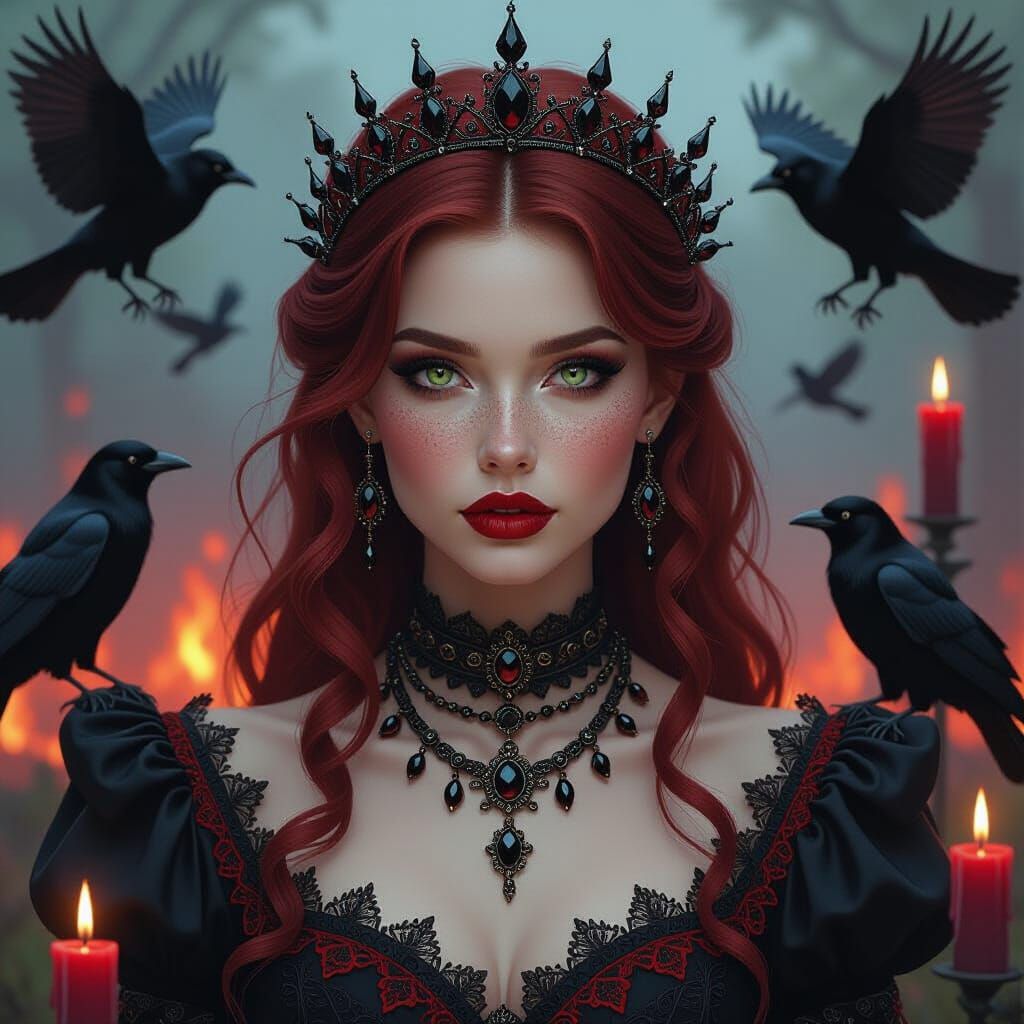 Gothic Woman Portrait with Crows and Wildfire