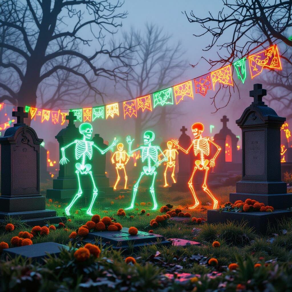Neon Skeletons Dance Joyfully in Cemetery at Night