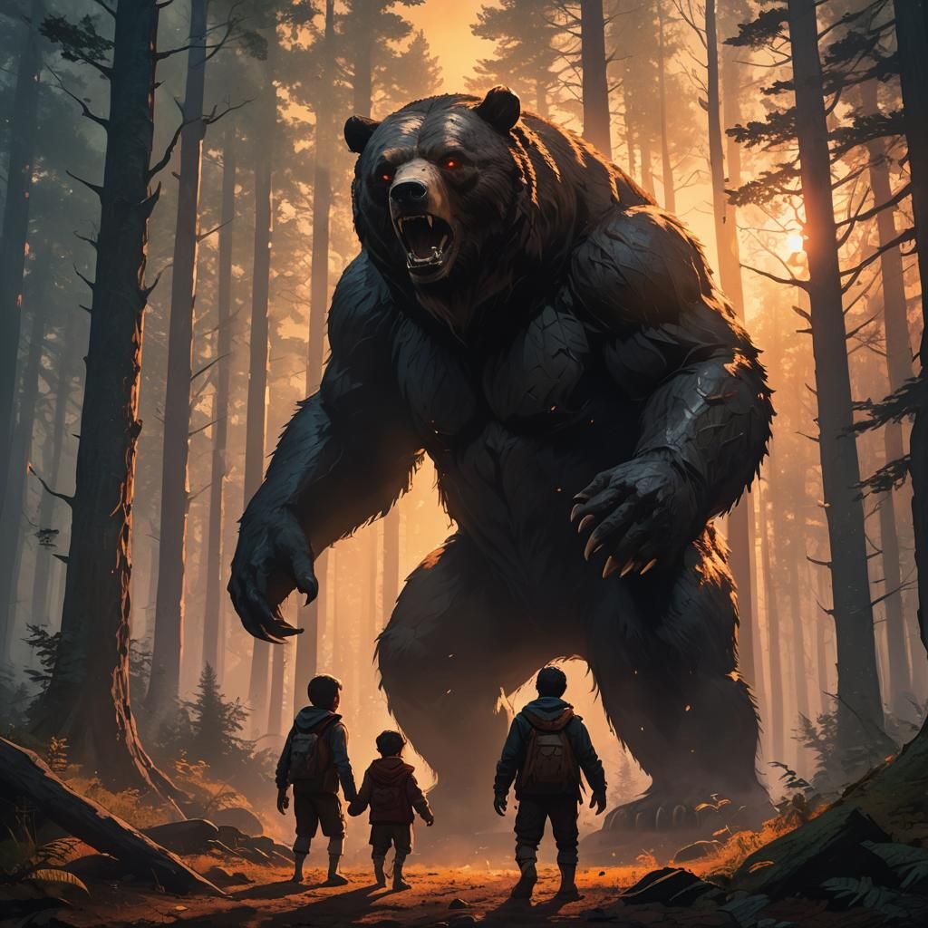 Dramatic Forest Scene: Man Protecting Child From Demonic Bea...