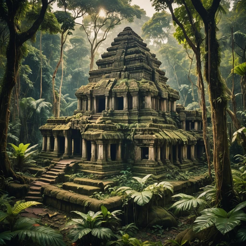 Ancient Temple in Lush Jungle Landscape Photography