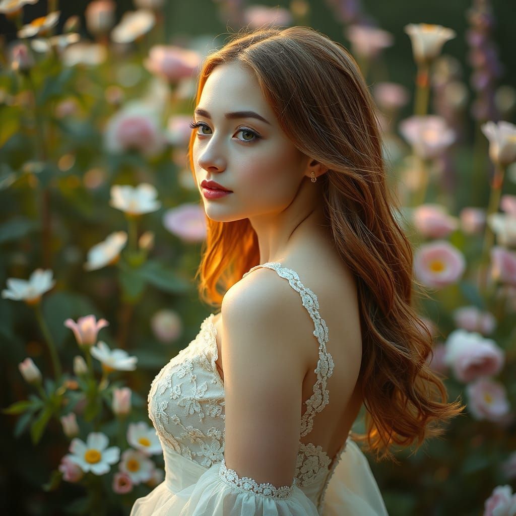 Ethereal Lady in Whimsical Garden Setting