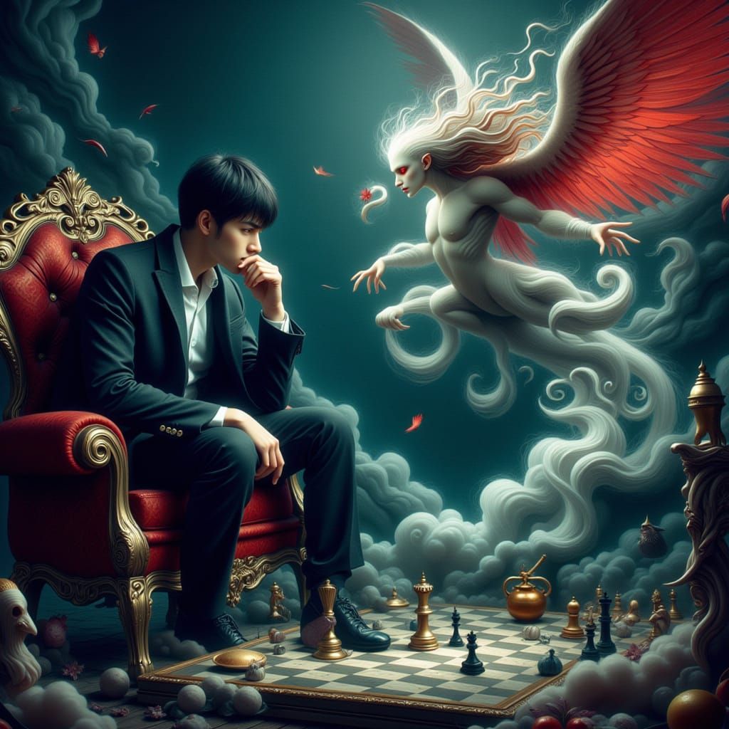 Detective L vs Light Yagami in Surrealist Confrontation