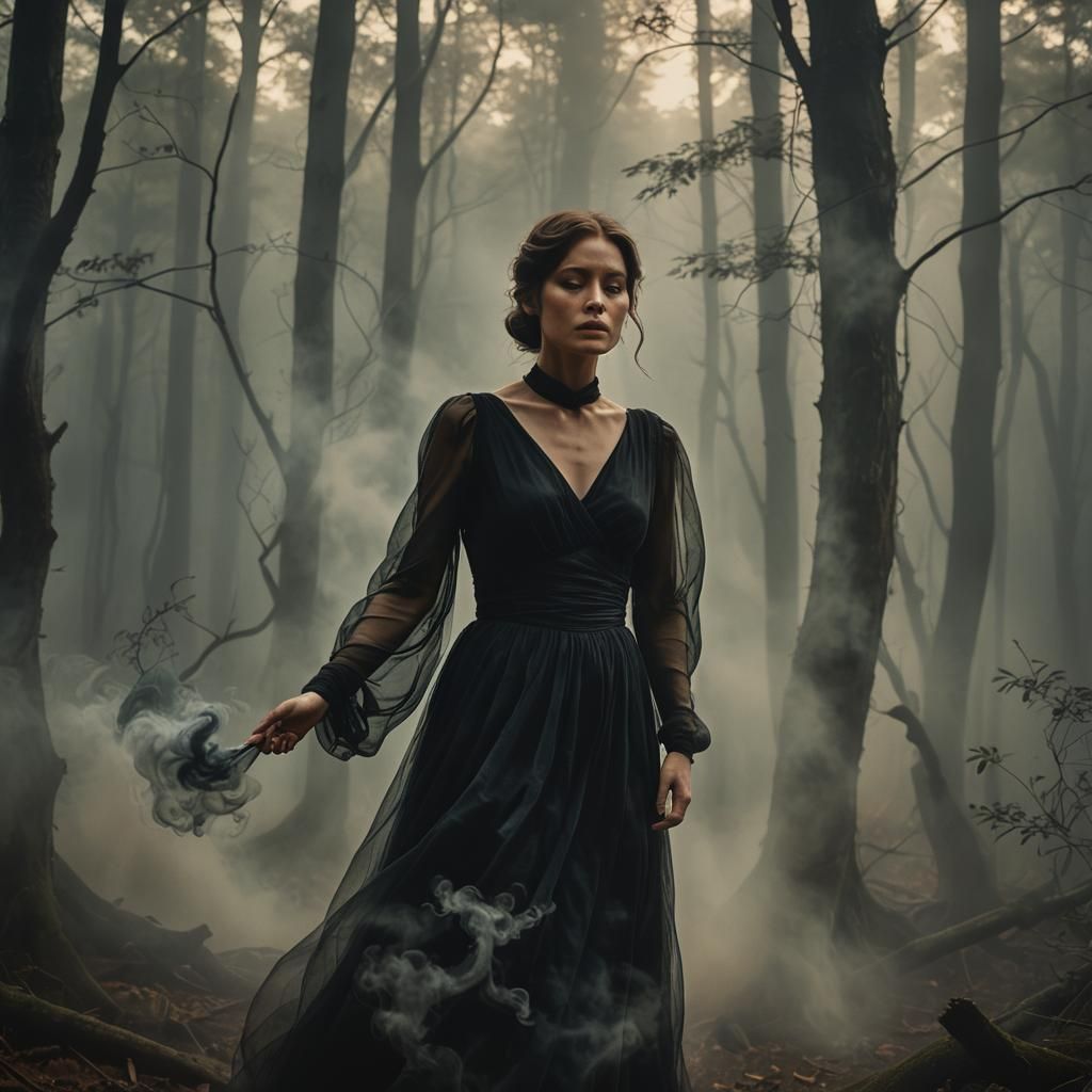 Ethereal Woman in Smoky Dress Amidst Misty Forest