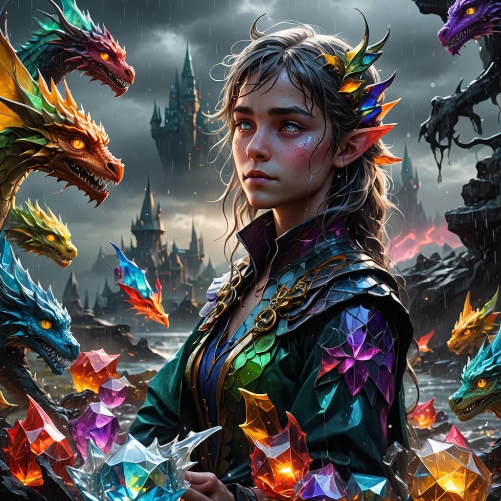 Glass Elf and Dragons in Stormy Landscape