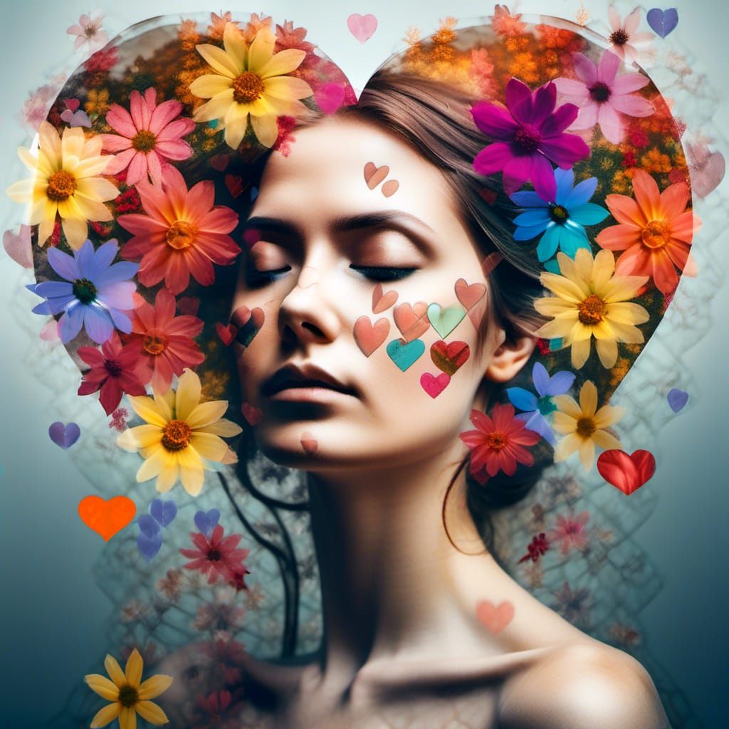 Floral Heart Woman: Double Exposure Art