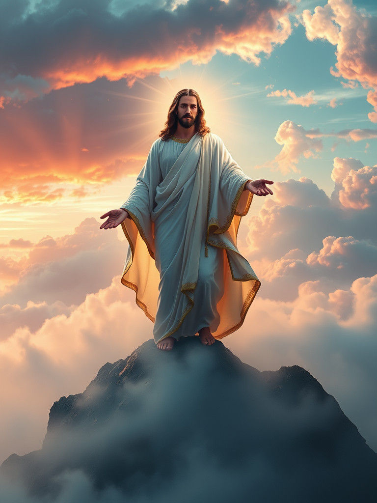 Radiant Figure on Mountain Peak in Fantasy Art Style