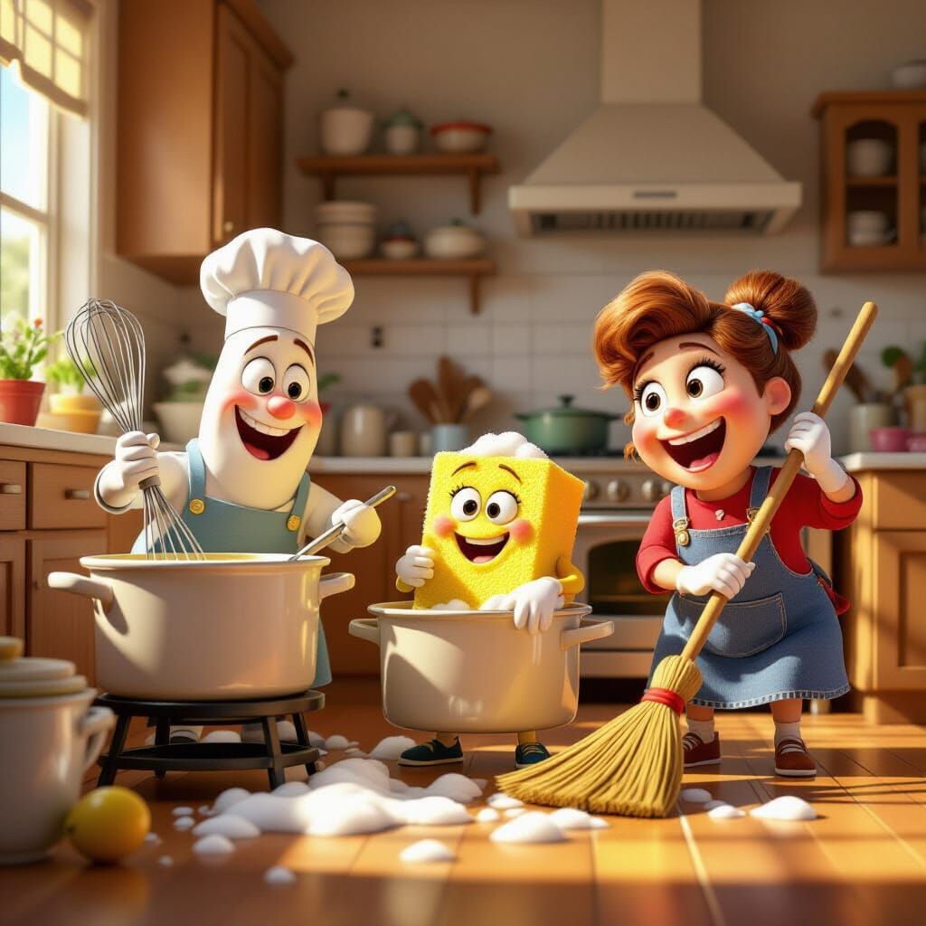 Joyful Pixar-Style Kitchenware Doing Chores