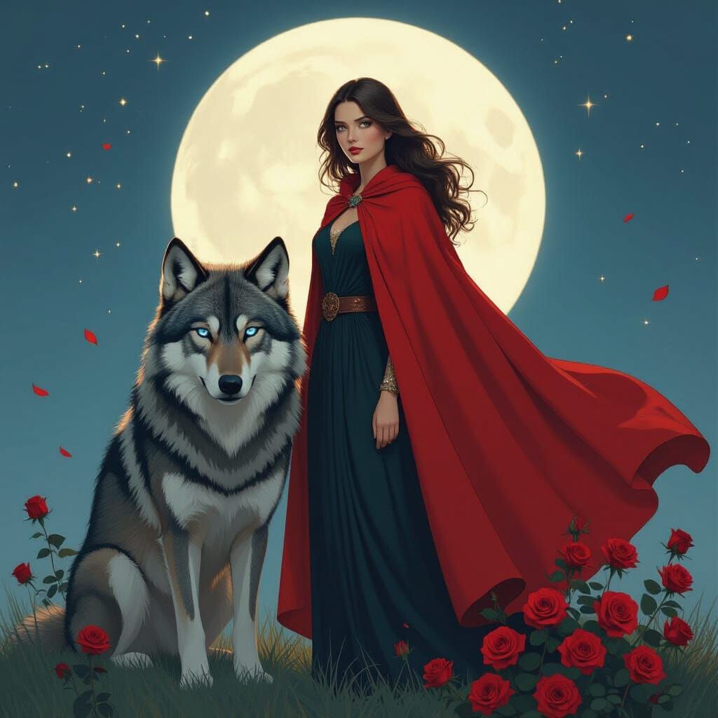 Woman in Red Cape with Wolf, Art Nouveau Style