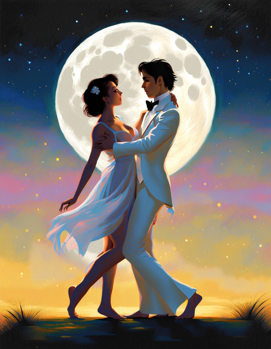 Romantic Moonlit Dance in Chiaroscuro Style