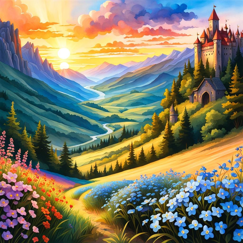 Medieval Castle Amidst Forget-Me-Nots: Watercolor Painting