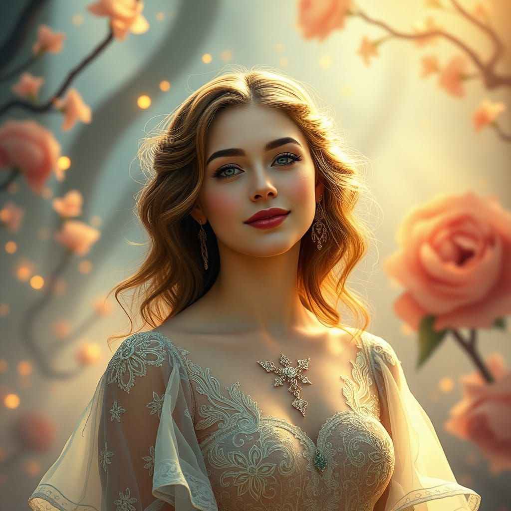Elegant Woman in Dreamlike Setting, Art Nouveau Style