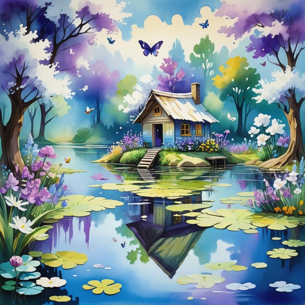 Surreal Landscape with White Water in Gouache Style