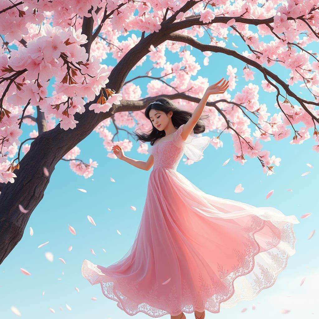 Young Girl Dances beneath Cherry Blossoms in Whimsical Anime...