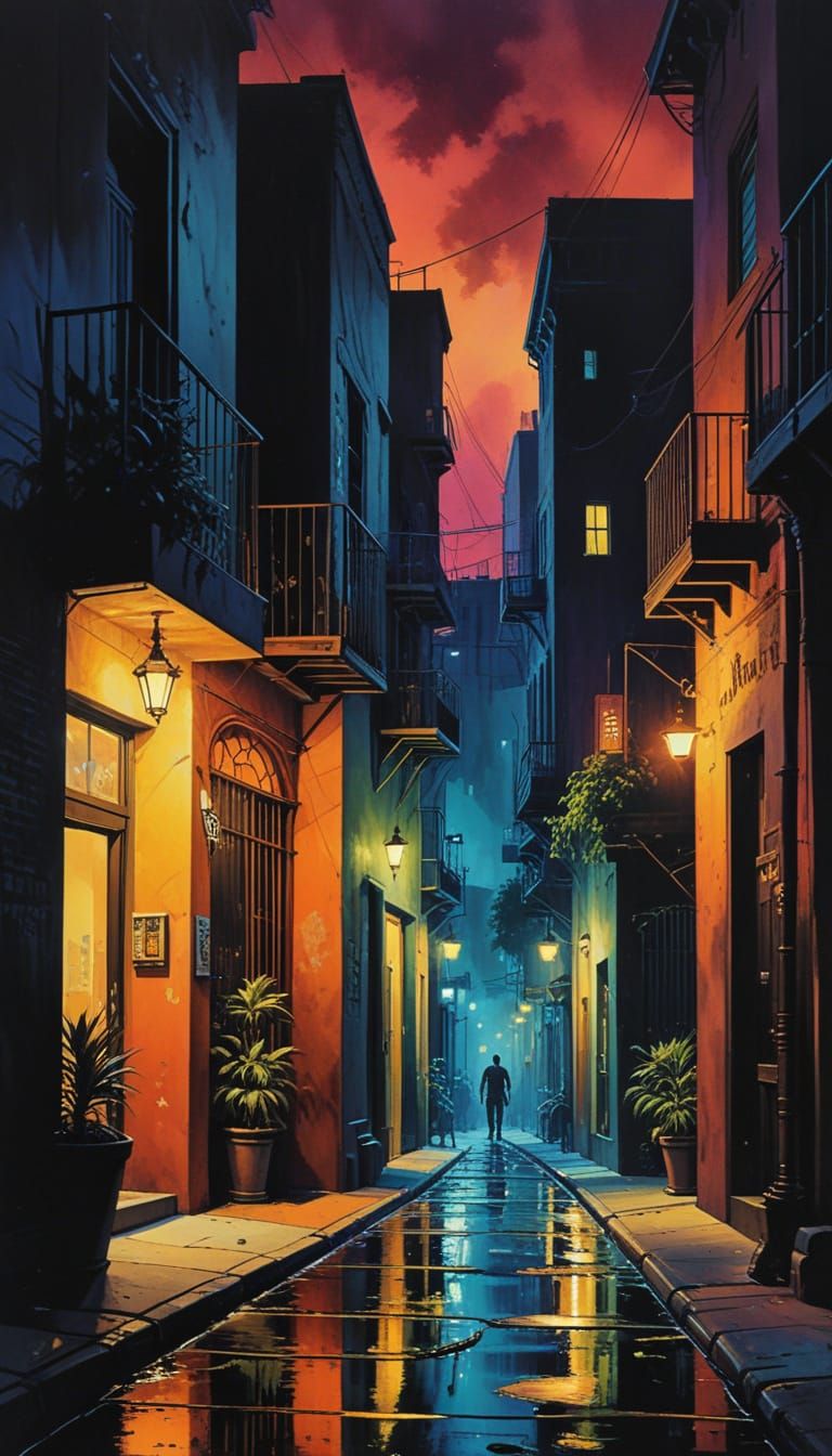 Surreal 1970s Downtown Night Scene in Vibrant Colors