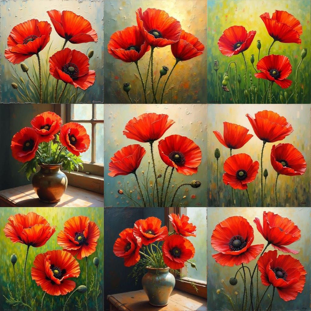 Vibrant Oil Painting of Three Red Poppies