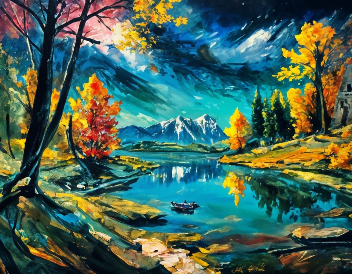 Autumn Lake and Mountain Scene as Oil Painting