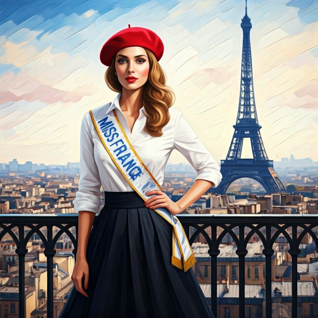 Stunning Miss France in Crimson Beret against Parisian Backd...