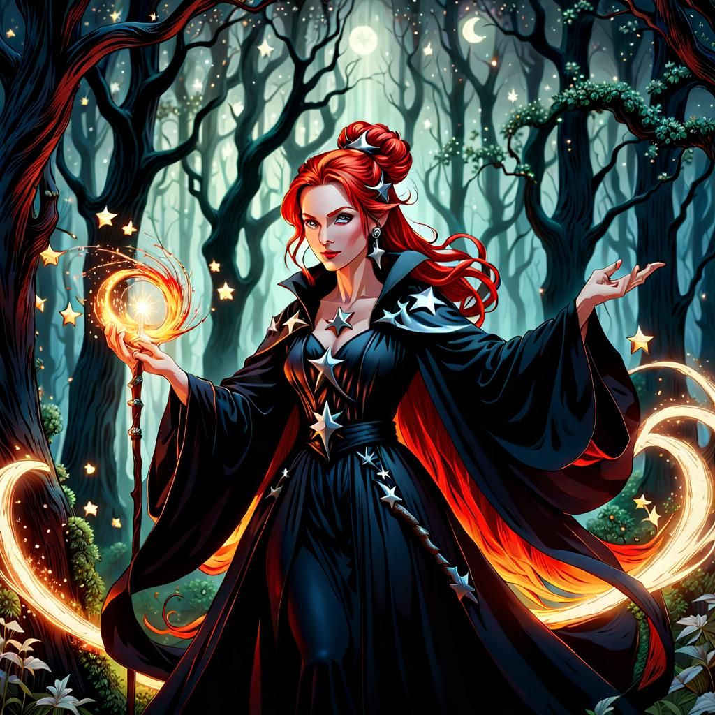 A detailed image of a Caucasian female witch, with fiery-red hair tied in a bun, wearing a black flowing robe adorned wi...