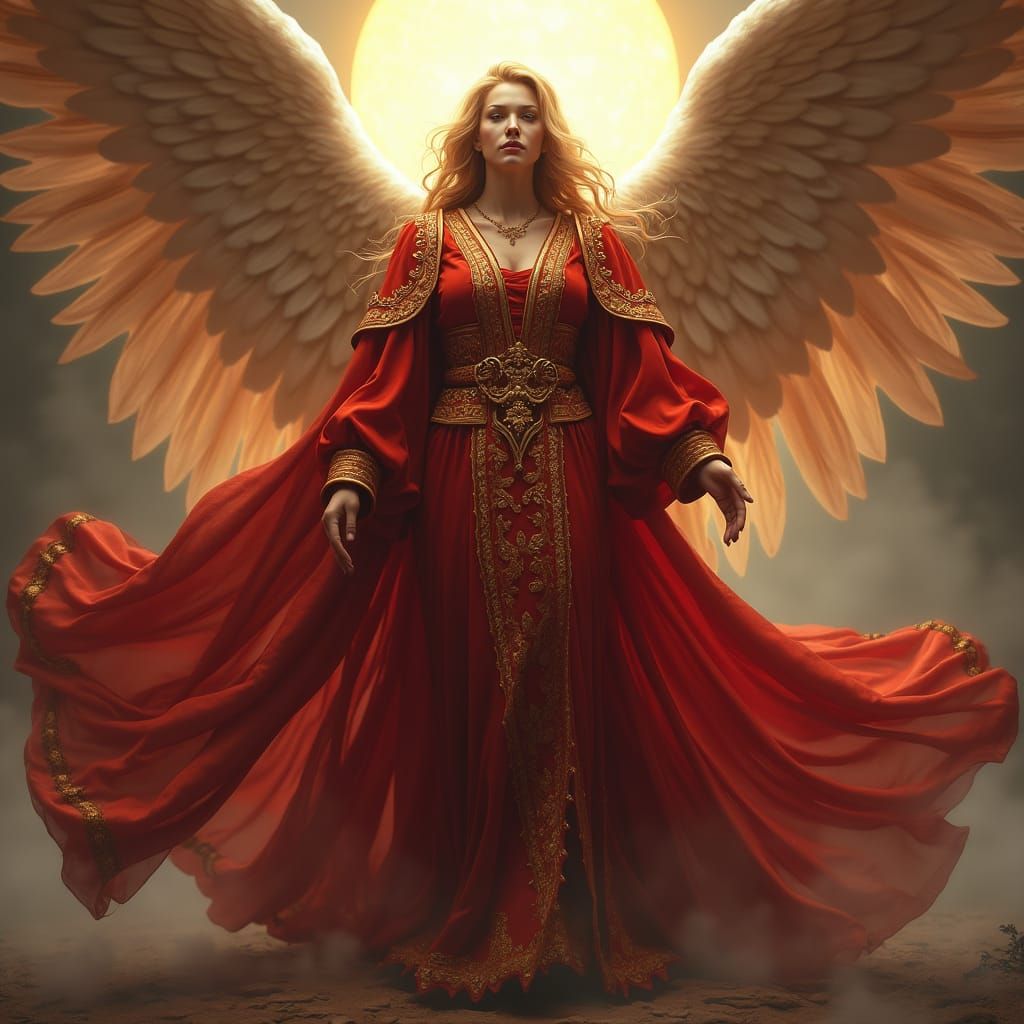 Ancient Archangel Radiates Light in Resplendent Red Robe