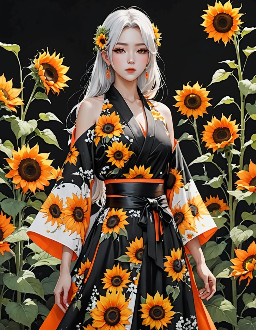 Neon Kimono in Sunflower Field, High Contrast Watercolor