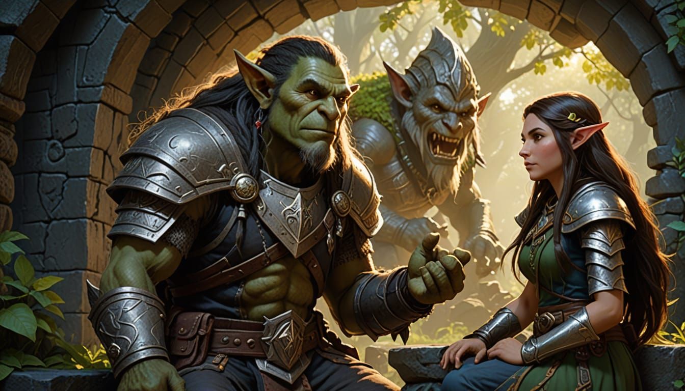 Friendly Troll Discusses with Elf Ranger in Dwarven Ruins