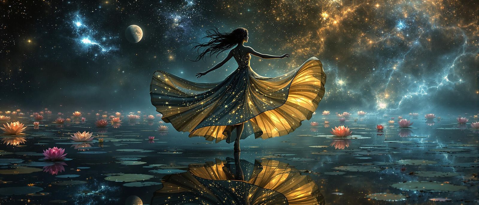 Bioluminescent Goddess Twirling in Fantasy Landscape