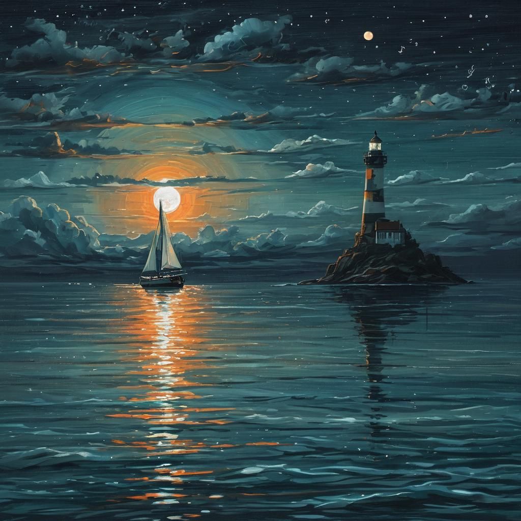Surreal Moonlit Seascape with Lone Sailboat and Lighthouse