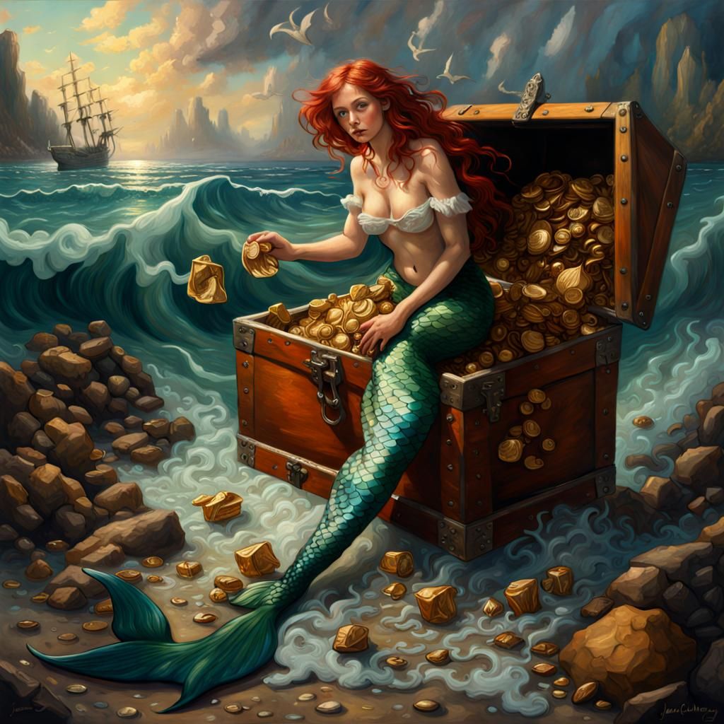 A mermaid with Red hair playing with a chest full of treasur...