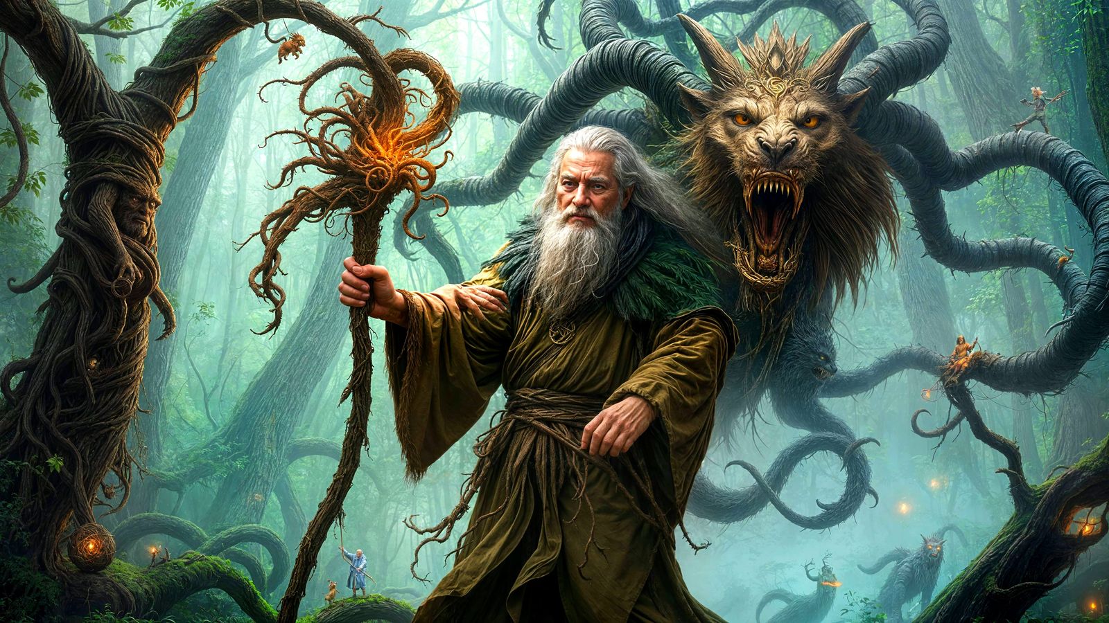 Enchanted Druid Tames Fierce Manticore in Whimsical Fantasy ...
