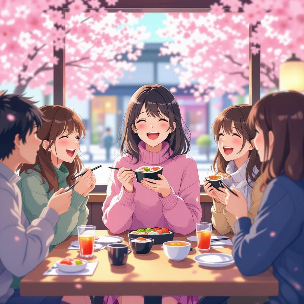 Anime Girl and Friends Enjoying Sushi in Tokyo
