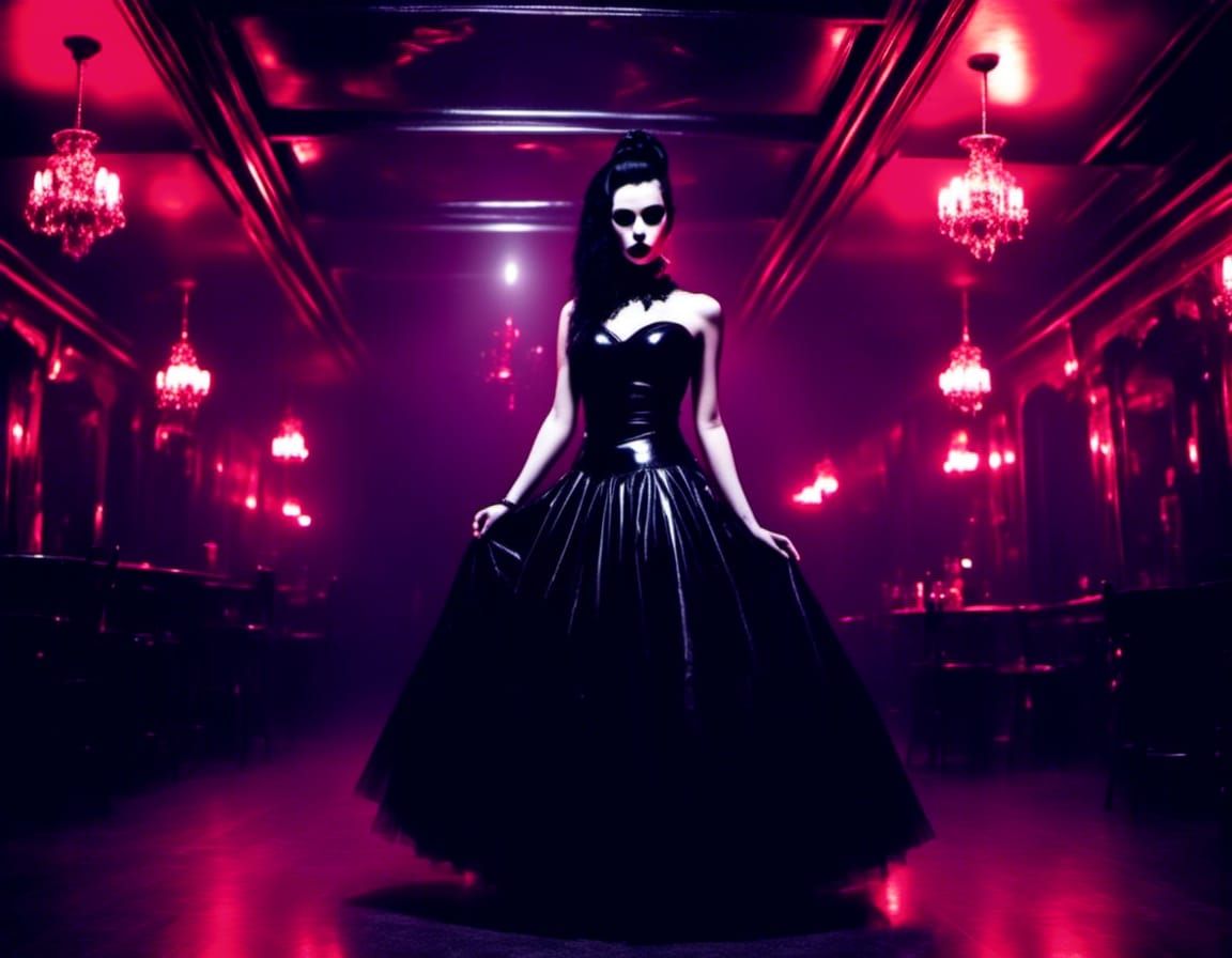goth girl in long black latex dress