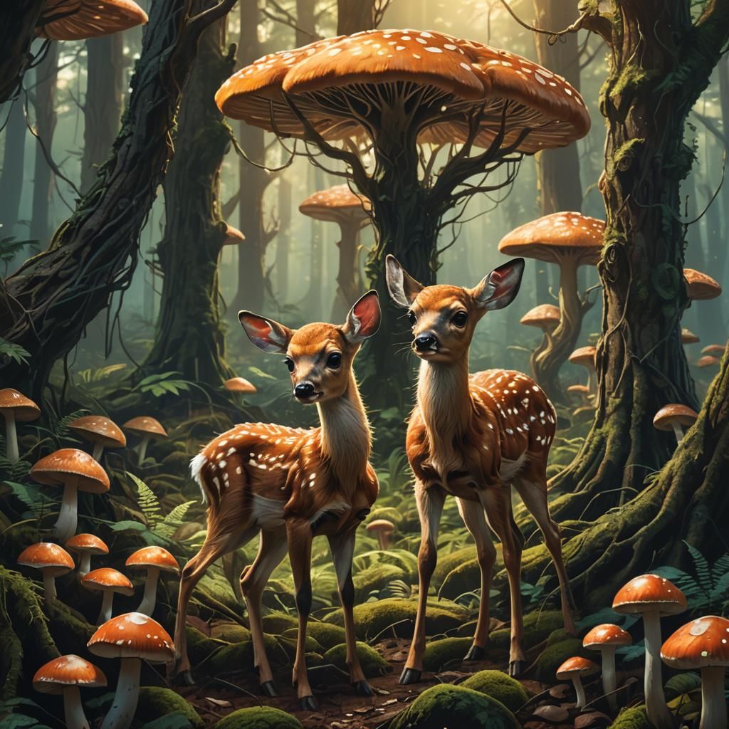 Baby Deer in Enchanted Forest: Fantasy Matte Painting