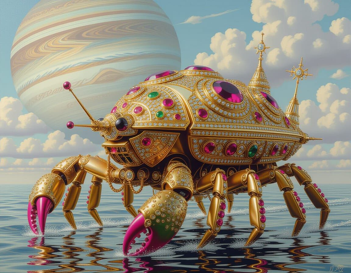 Golden Jeweled Dalek on Spaceship Bridge as Oil Painting