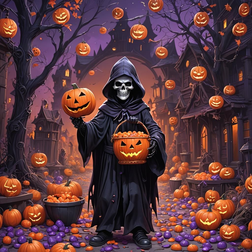 Grim Reaper Kid with Jack-o'-Lantern: Fantasy Concept Art