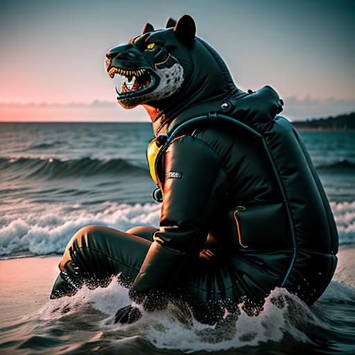 Anthro Panther on Dinosaur in Sea Surf