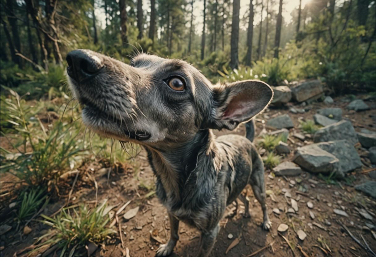 Sleek Gray Dog Sniffs Air in Cinematic Still