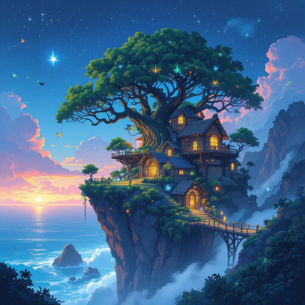 Ancient Treehouse Community on Starlit Ocean Cliff