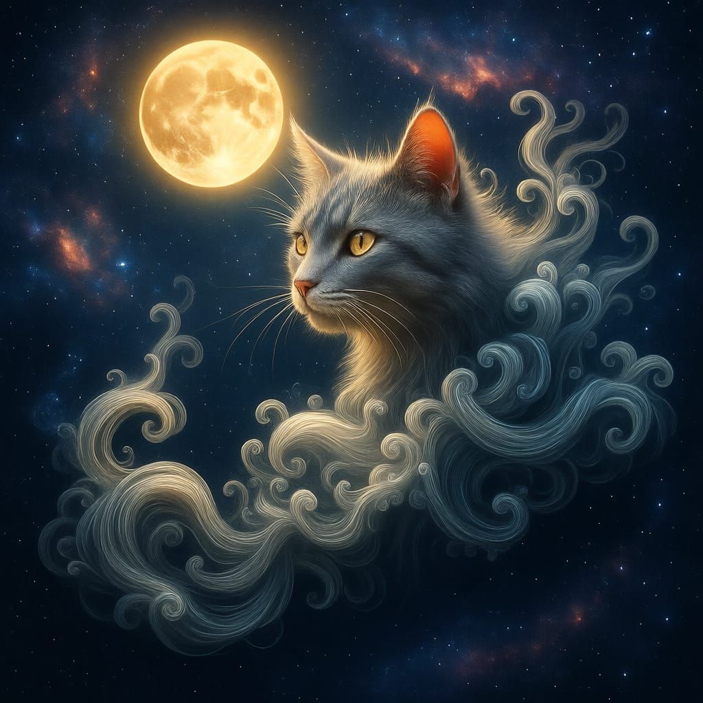 Ethereal Cat Portrait Under Moonlit Sky